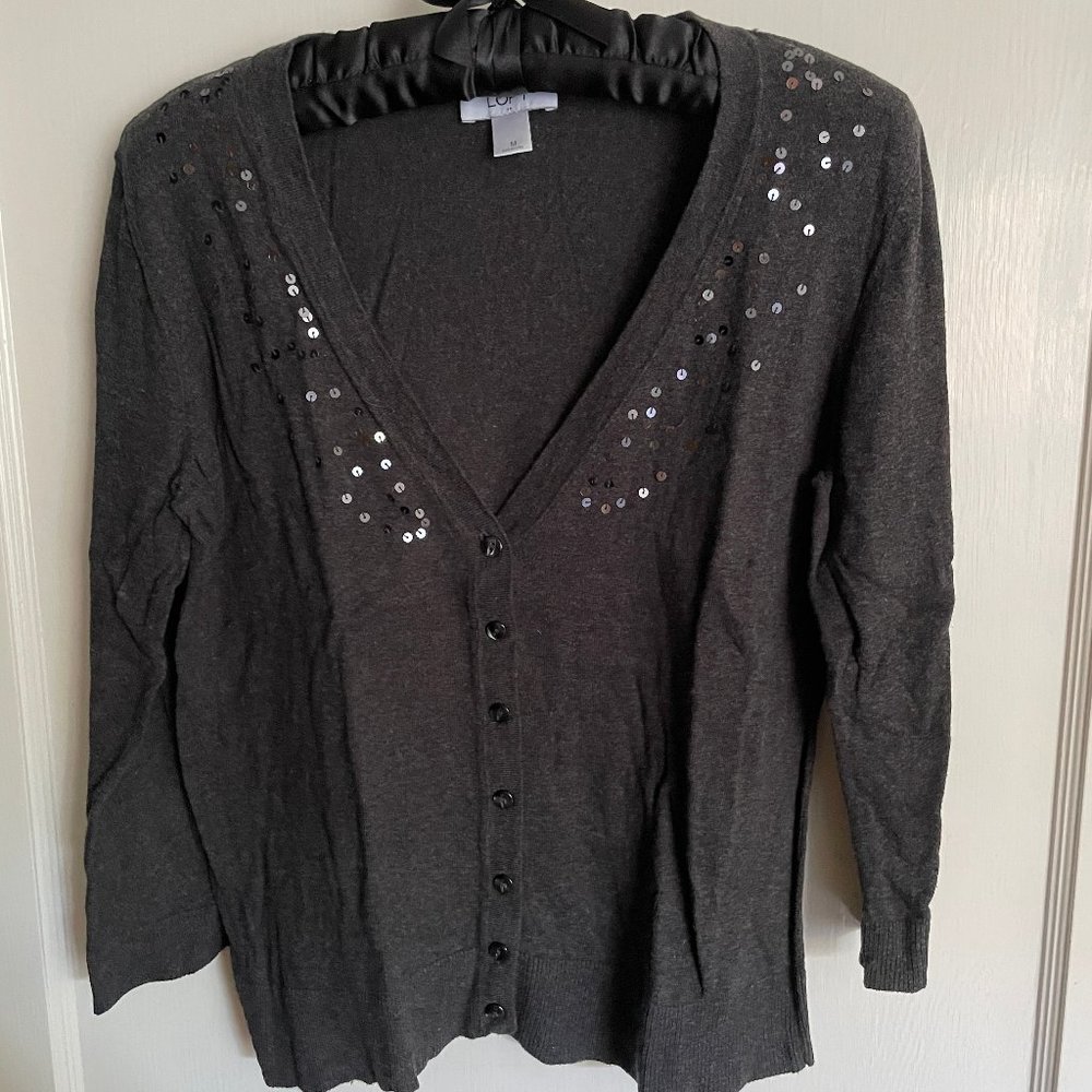 ANN TAYLOR LOFT Gray Holiday Sequined Cardi